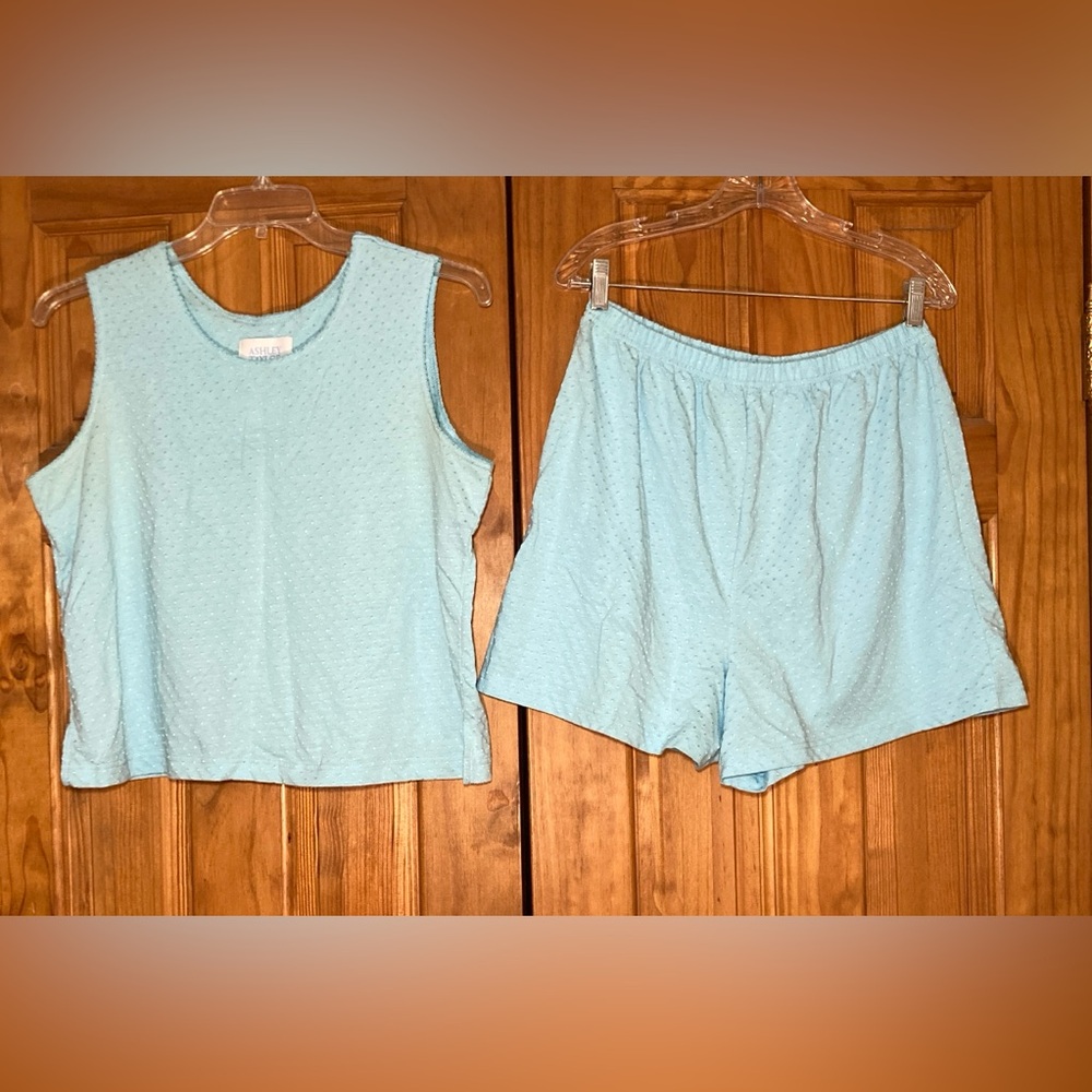 EUC Ashley Taylor Sleepwear Vintage 90s Pajama Set Top Shorts Blue Size L Large